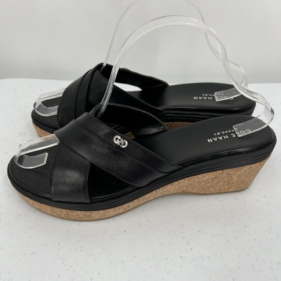 Cole Haan Women's Black Leather Cork Wedge Sandals Size 9.5B - Picture 4 of 11